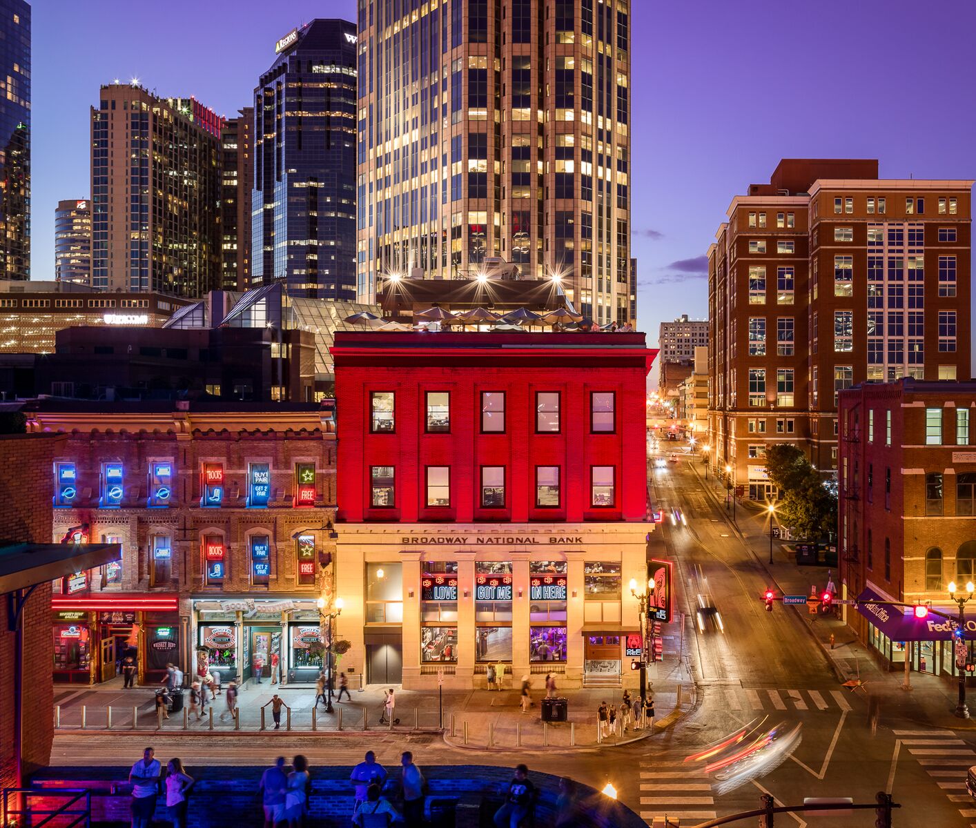 A view looking down on Ole Red lit up at dusk