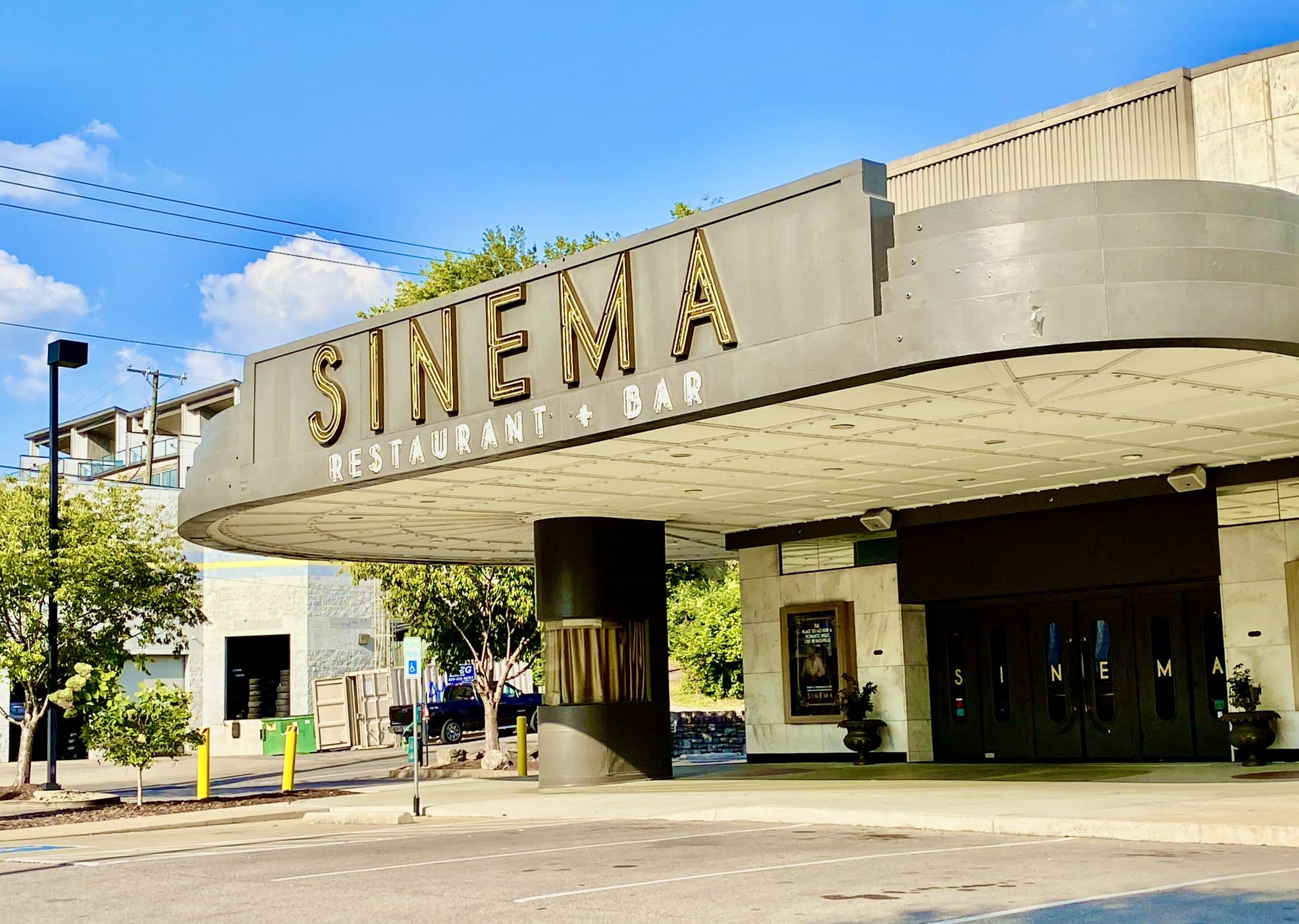 View of the entrance to the restored Sinema Restaurant + Bar