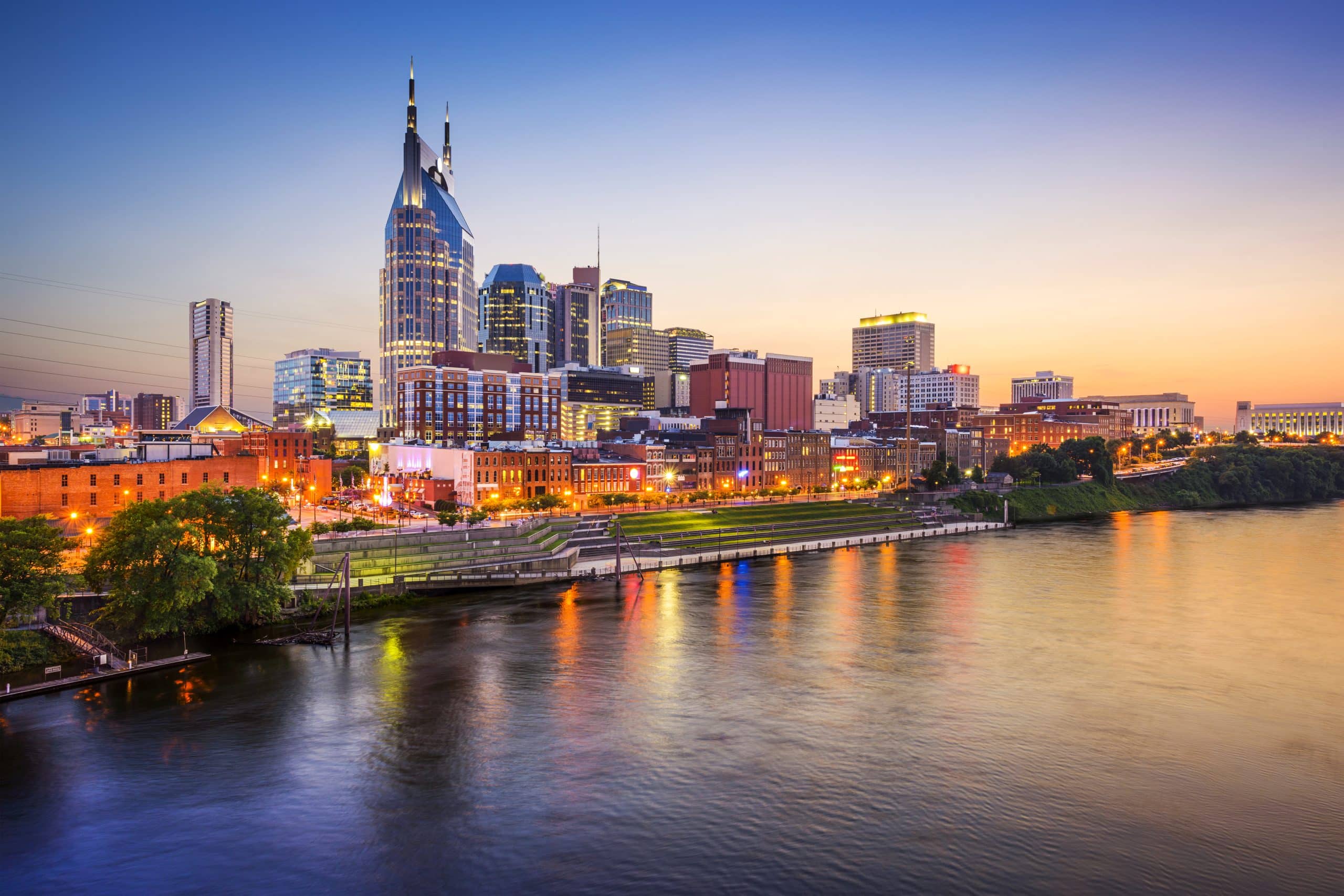 View of the Nashville, Tennessee downtown skyline and the Cumberland River